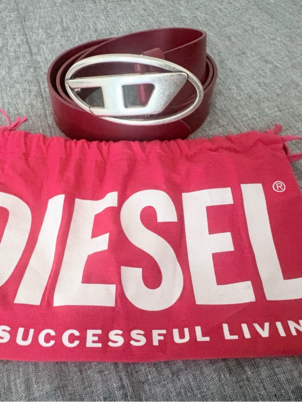 Diesel Burgundy Leather Logo Belt with Silver Emboss